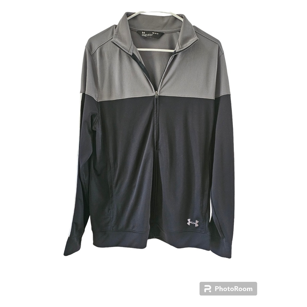 Under Armour Track Jacket Mens Medium Black Grey Color Block Full Zip Loose Fit